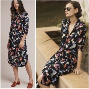 Anthropologie Maeve Martina Bird Belted Shirt Dress Button Up Tab-Sleeve Size 4